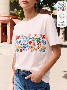 Dayvera 女款仿刺繡印花休閒夏季T恤，外出上衣，白色上衣 - 白色 - 查看 1