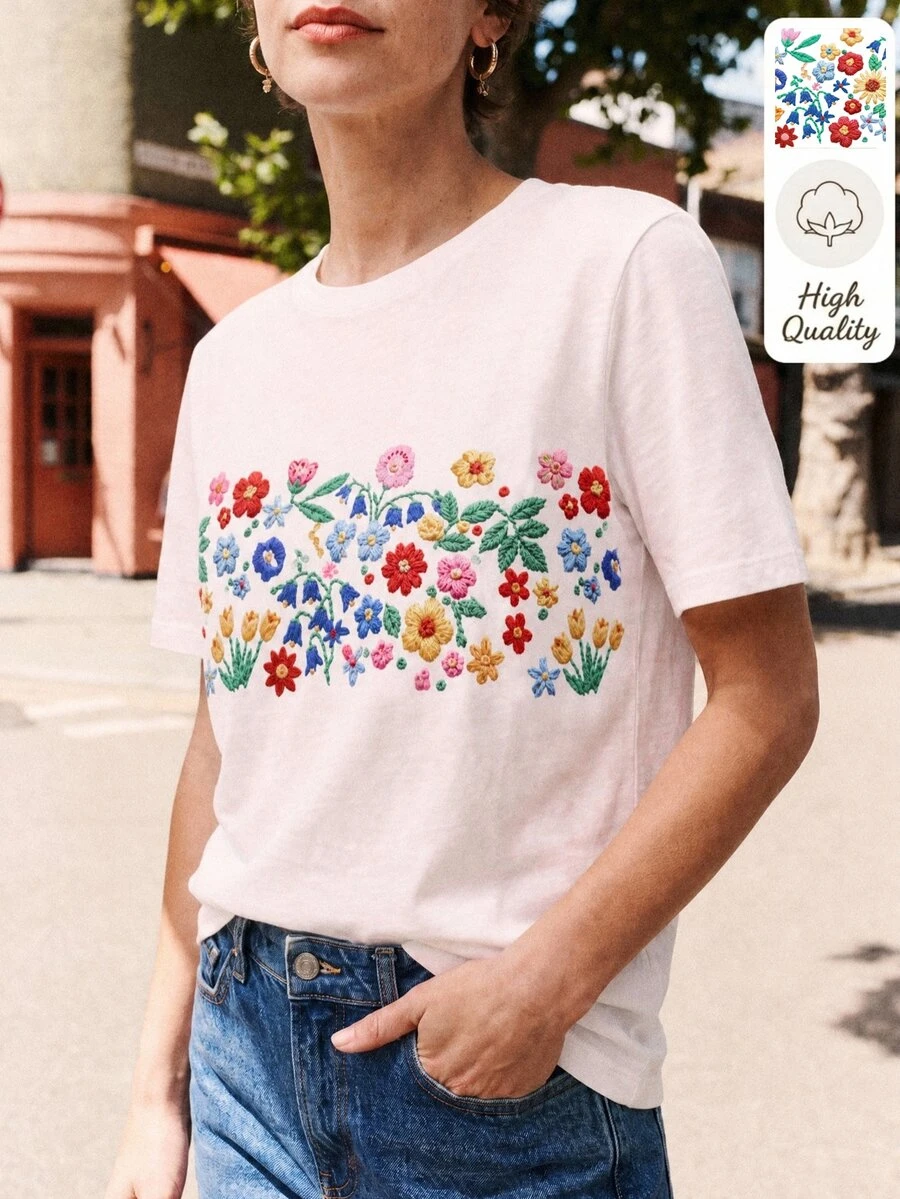 Dayvera 女款仿刺繡印花休閒夏季T恤,外出上衣,白色上衣 - 白色 - 查看 1
