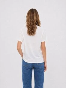 Dayvera 女款仿刺繡印花休閒夏季T恤，外出上衣，白色上衣 - 白色 - 查看 3