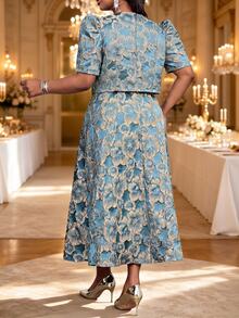Fleurora Plus Size Elegant Celestial Casual Party Theme Party Formal Christening Guest Dinner Evening Jacquard Top Dress 2 Pieces Set Wedding Gold And Blue - Blue - View 3