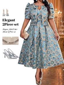 Fleurora Plus Size Elegant Celestial Casual Party Theme Party Formal Christening Guest Dinner Evening Jacquard Top Dress 2 Pieces Set Wedding Gold And Blue - Blue - View 5