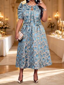 Fleurora Plus Size Elegant Celestial Casual Party Theme Party Formal Christening Guest Dinner Evening Jacquard Top Dress 2 Pieces Set Wedding Gold And Blue - Blue - View 4
