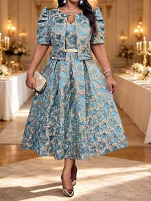 Fleurora Plus Size Elegant Celestial Casual Party Theme Party Formal Christening Guest Dinner Evening Jacquard Top Dress 2 Pieces Set Wedding Gold And Blue - Blue - View 1