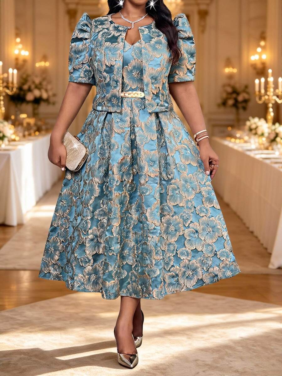 Fleurora Plus Size Elegant Celestial Casual Party Theme Party Formal Christening Guest Dinner Evening Jacquard Top Dress 2 Pieces Set Wedding Gold And Blue - Blue - View 1