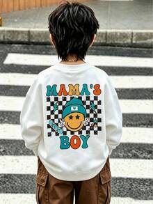 小男孩淺粉色圓領套頭運動衫，可愛臉孔字母印花「Mama's Boy」休閒百搭上衣，秋冬生日穿搭 - 白色 - 查看 1