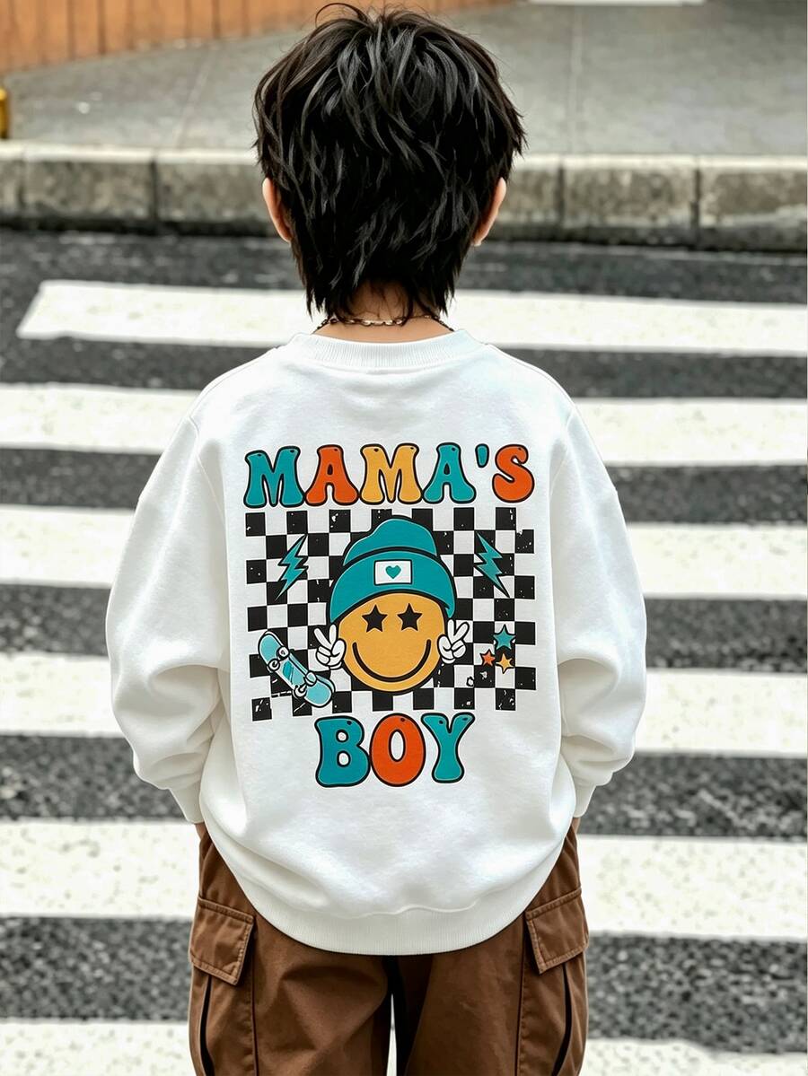 小男孩淺粉色圓領套頭運動衫,可愛臉孔字母印花「Mama's Boy」休閒百搭上衣,秋冬生日穿搭 - 白色 - 查看 1