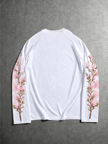 PAVTROS Men's Street Style Hot-Selling INS Matching Pink Floral Decor Print Raglan Sleeve Design Daily Wear Boyfriend Husband Gift Anniversary Gift White T-Shirt - White - View 2