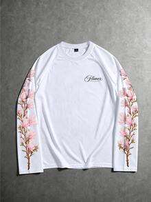 PAVTROS Men's Street Style Hot-Selling INS Matching Pink Floral Decor Print Raglan Sleeve Design Daily Wear Boyfriend Husband Gift Anniversary Gift White T-Shirt - White - View 3