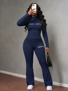 Slaydiva 女士休闲基础款高弹修身长袖拉链字母印花衬衫和裤子两件套 - 藏蓝色 - 查看 2