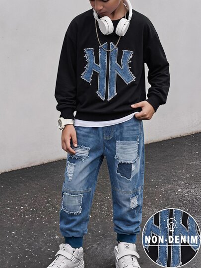 2pcs/Set Teen Boys Washed Vintage Distressed Patchwork Letter Print Sweatshirt + Joggers Set, Crew Neck Long Sleeve Pullover Sweatshirt, Elastic Waist Cuffed Long Pants, Thickened Street Casual Two Pieces Set For Autumn/Winter