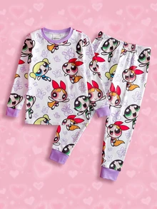 THE POWERPUFF GIRLS X SHEIN 2pcs/Set Young Girl Cute Cartoon Blossom, Bubbles, Buttercup Pattern Crew Neck Long Sleeve Top And Leggings Knit Snug Fit Pajama Set - White - View 1
