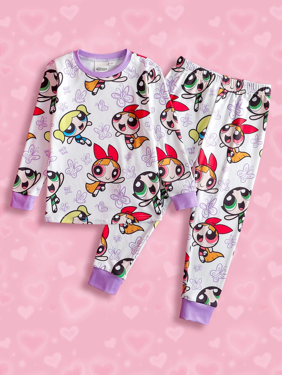 THE POWERPUFF GIRLS X SHEIN 2pcs/Set Young Girl Cute Cartoon Blossom, Bubbles, Buttercup Pattern Crew Neck Long Sleeve Top And Leggings Knit Snug Fit Pajama Set - White - View 1