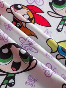 THE POWERPUFF GIRLS X SHEIN 2pcs/Set Young Girl Cute Cartoon Blossom, Bubbles, Buttercup Pattern Crew Neck Long Sleeve Top And Leggings Knit Snug Fit Pajama Set - White - View 7
