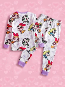 THE POWERPUFF GIRLS X SHEIN 2pcs/Set Young Girl Cute Cartoon Blossom, Bubbles, Buttercup Pattern Crew Neck Long Sleeve Top And Leggings Knit Snug Fit Pajama Set - White - View 2