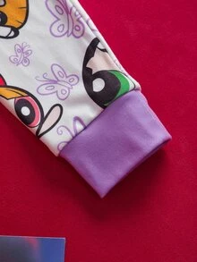 THE POWERPUFF GIRLS X SHEIN 2pcs/Set Young Girl Cute Cartoon Blossom, Bubbles, Buttercup Pattern Crew Neck Long Sleeve Top And Leggings Knit Snug Fit Pajama Set - White - View 6