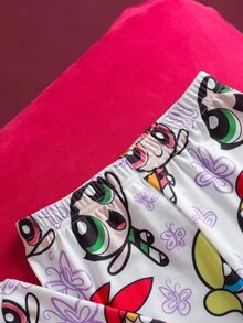 THE POWERPUFF GIRLS X SHEIN 2pcs/Set Young Girl Cute Cartoon Blossom, Bubbles, Buttercup Pattern Crew Neck Long Sleeve Top And Leggings Knit Snug Fit Pajama Set - White - View 5