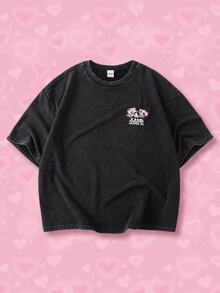 THE POWERPUFF GIRLS X SHEIN Men's Cute Cartoon Pattern & Letter Print Crew Neck Short Sleeve T-Shirt - Black - View 2