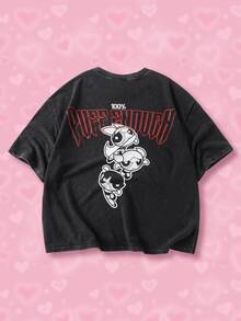THE POWERPUFF GIRLS X SHEIN Men's Cute Cartoon Pattern & Letter Print Crew Neck Short Sleeve T-Shirt - Black - View 1