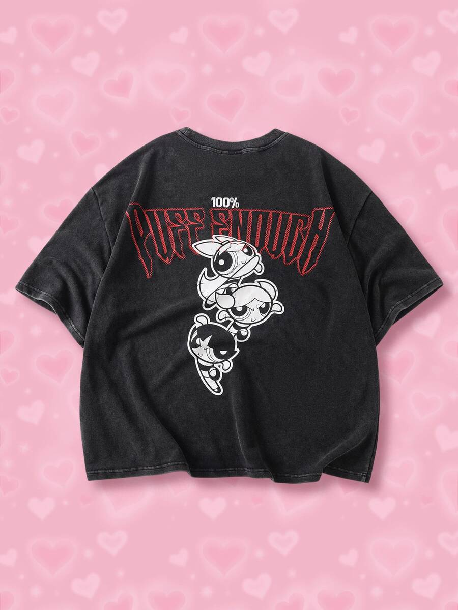 THE POWERPUFF GIRLS X SHEIN Men's Cute Cartoon Pattern & Letter Print Crew Neck Short Sleeve T-Shirt - Black - View 1