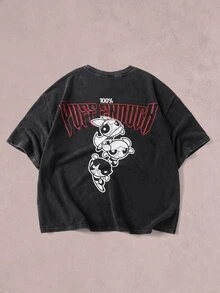 THE POWERPUFF GIRLS X SHEIN Men's Cute Cartoon Pattern & Letter Print Crew Neck Short Sleeve T-Shirt - Black - View 3