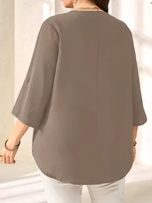 Rosumi 大码女式夏季休闲度假日常通勤纯色V领卷边袖宽松上衣，春/夏/秋季，假日，春假，度假，外出，2026新款，简约时尚，适合日常穿着，通勤，日常穿着，V领女式衬衫 - 卡其色 - 查看 4
