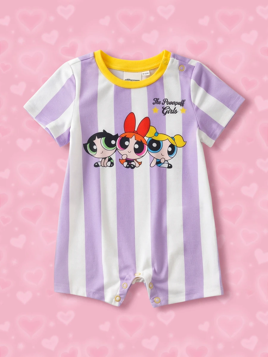 THE POWERPUFF GIRLS X SHEIN Baby Girl Striped Cartoon Print Round Neck Short Sleeve Romper - Mauve Purple - View 1