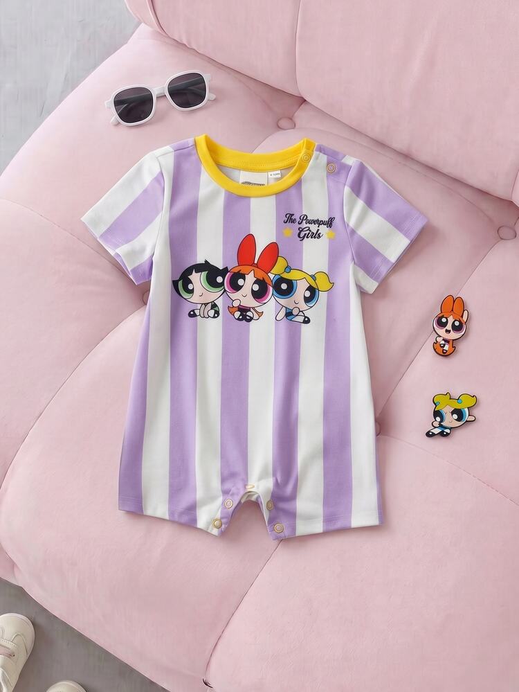 THE POWERPUFF GIRLS X SHEIN Baby Girl Striped Cartoon Print Round Neck Short Sleeve Romper - Mauve Purple - View 3