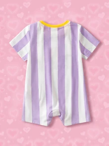 THE POWERPUFF GIRLS X SHEIN Baby Girl Striped Cartoon Print Round Neck Short Sleeve Romper - Mauve Purple - View 2