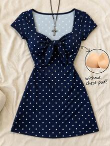 Cévolie Navy Blue Polka Dot Polka Dot Print Knot Front Short Dress Everyday Date Everyday Summer Cute French - Navy Blue - View 4
