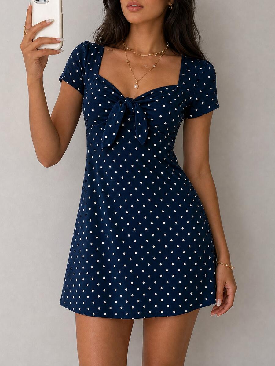 Cévolie Navy Blue Polka Dot Polka Dot Print Knot Front Short Dress Everyday Date Everyday Summer Cute French
