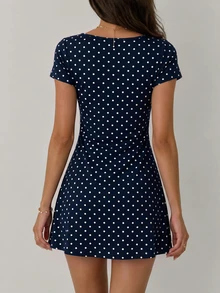 Cévolie Navy Blue Polka Dot Polka Dot Print Knot Front Short Dress Everyday Date Everyday Summer Cute French - Navy Blue - View 3