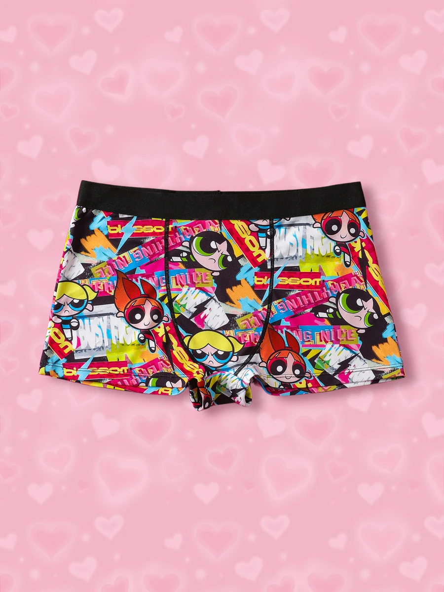 THE POWERPUFF GIRLS X SHEIN 女士舒适透气花朵、泡泡、毛茛图案内裤 - 黑色 - 查看 1