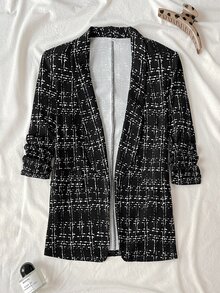Tween Girl Plaid Shawl Collar Open Front Coat - Black - View 6
