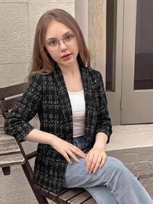 Tween Girl Plaid Shawl Collar Open Front Coat - Black - View 9