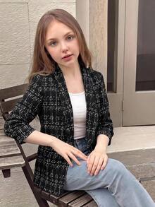 Tween Girl Plaid Shawl Collar Open Front Coat - Black - View 8