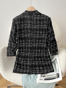 Tween Girl Plaid Shawl Collar Open Front Coat - Black - View 5