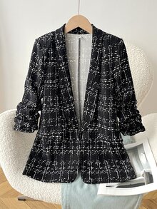 Tween Girl Plaid Shawl Collar Open Front Coat - Black - View 4