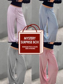 SHEIN BASICS 女款休閒針織黑白格紋寬鬆寬腿長褲，運動休閒褲，適合秋季居家穿著 - 黑色 - 查看 3