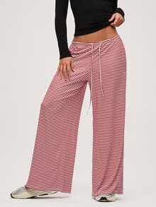 SHEIN BASICS 女款休閒針織黑白格紋寬鬆寬腿長褲，運動休閒褲，適合秋季居家穿著 - 黑色 - 查看 7
