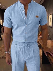HIMLAND Men's Front Button Short Sleeve Shirt Set - Blue - View 8
