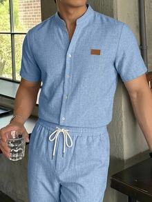 HIMLAND Men's Front Button Short Sleeve Shirt Set - Blue - View 9
