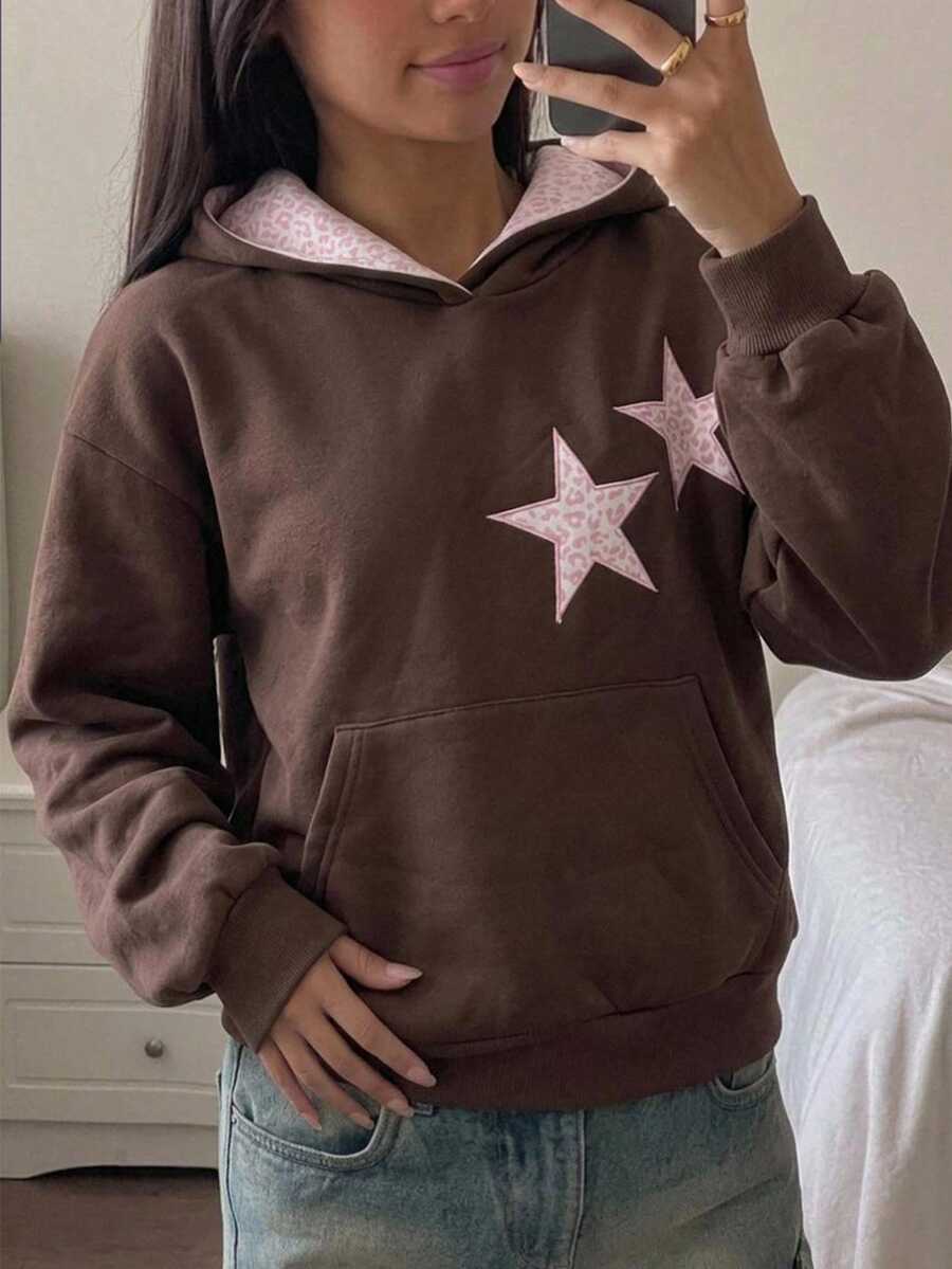 Tween Girls Leopard Print & Star Pattern Colorblock Sweatshirt - Brown - View 1