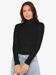 SHEIN BASICS Solid Long Sleeves High Neck Rib-Knit Form Fitted Tee Tops For Women White Tops - White - View 7