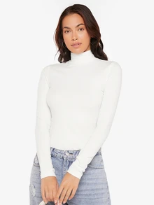 SHEIN BASICS Solid Long Sleeves High Neck Rib-Knit Form Fitted Tee Tops For Women White Tops - White - View 5