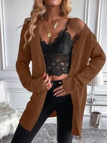 SHEIN 女款棕色V領極簡時尚百搭紋理針織開襟衫 - 鏽棕色 - 查看 4