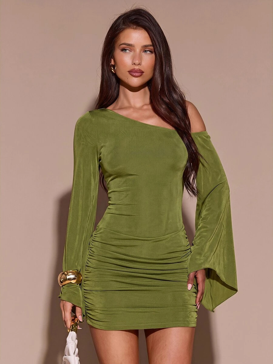SHEIN BAE Fall Winter Olive Green One Shoulder Waist Cutout Ruched ...