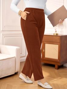 Rosumi Plus Size Women's Casual Daily Black Long Pants With Pockets Fall - Brown - View 9
