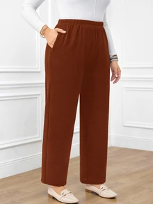 Rosumi Plus Size Women's Casual Daily Black Long Pants With Pockets Fall - Brown - View 5