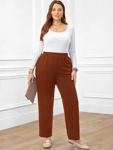 Rosumi Plus Size Women's Casual Daily Black Long Pants With Pockets Fall - Brown - View 7
