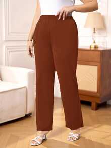 Rosumi Plus Size Women's Casual Daily Black Long Pants With Pockets Fall - Brown - View 10